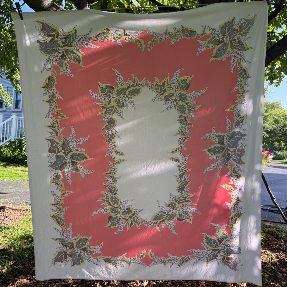 Vintage Floral Tablecloth Pink White Green Yellow Rectangular Cotton Blend